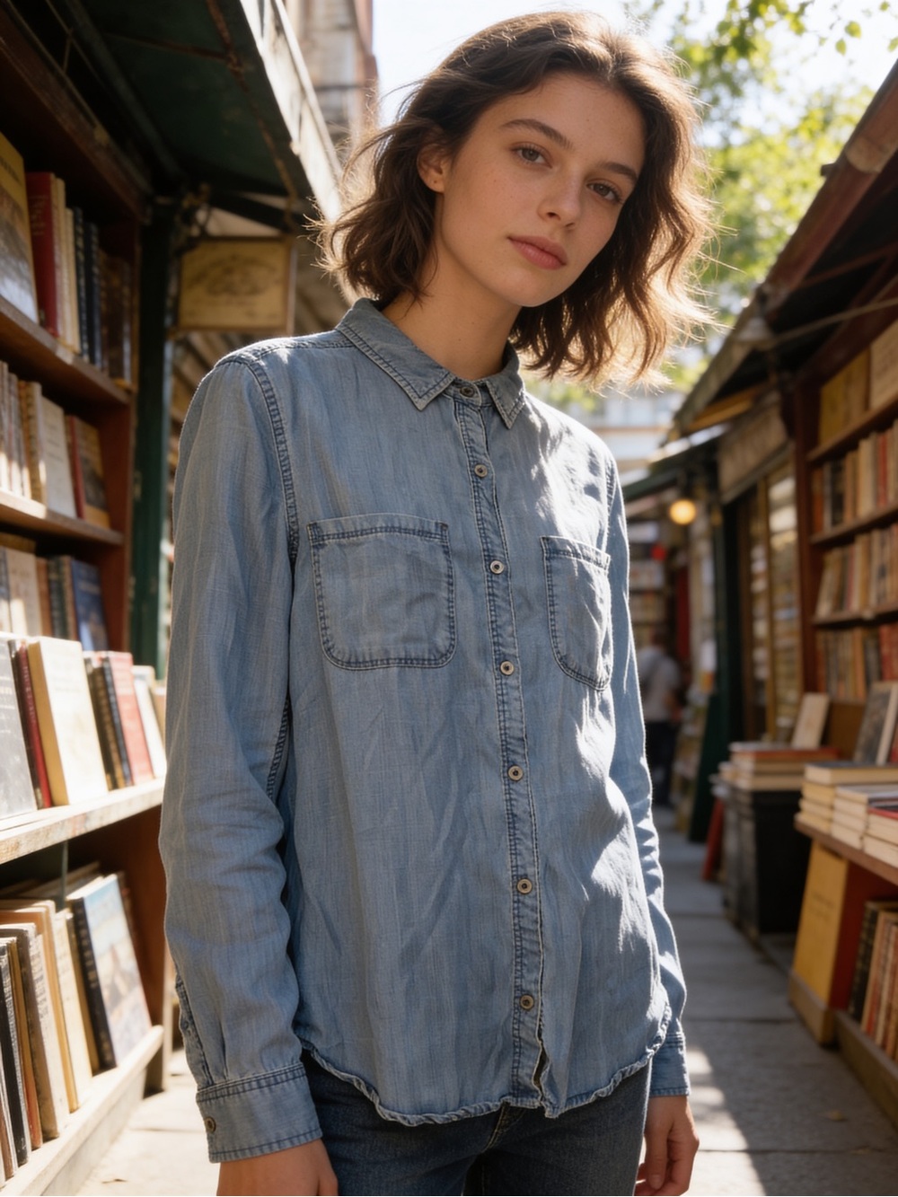 Staccato Chambray Tencel Button Front Shirt Top Blue Small